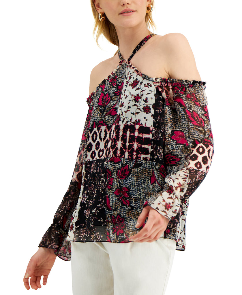 INC International Concepts Women Patchwork Print Cold Shoulder Top Nomad Mix