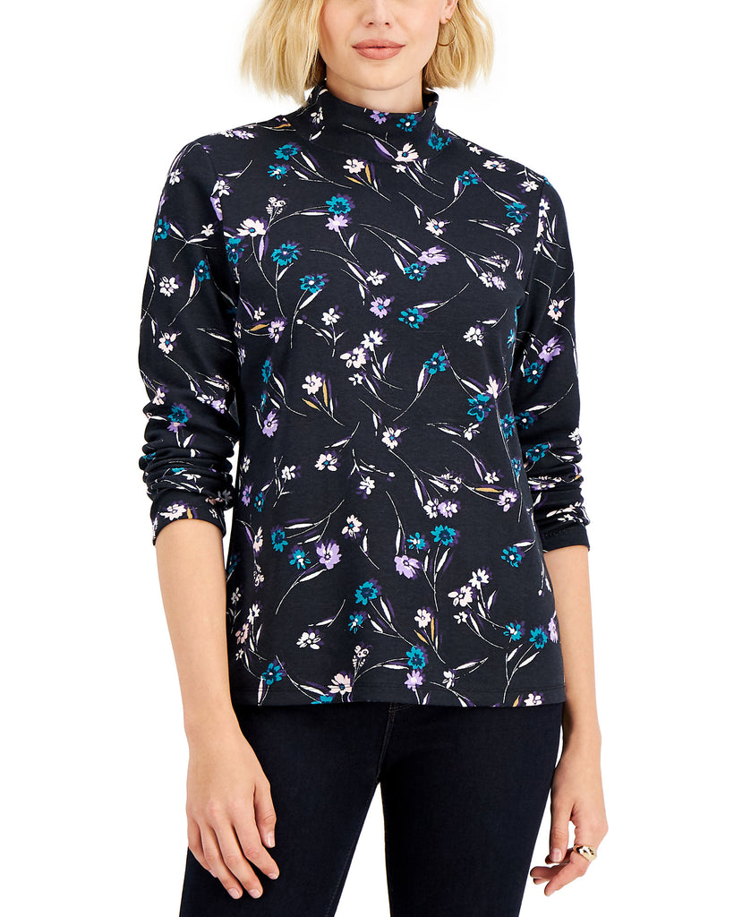 Karen Scott Women Petite Floral Mock Neck Top Deep Black