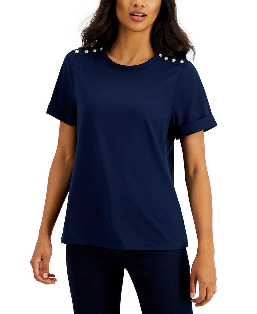 Charter Club Women Embellished Shoulder Top Intrepid Blue