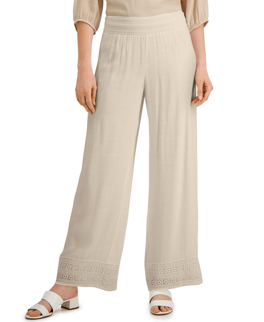 JM Collection Women Crochet Trim Wide Leg Pants Sugar Sand