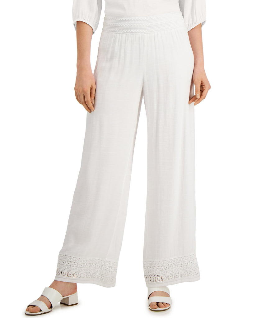 JM Collection Women Crochet Trim Wide Leg Pants Bright White