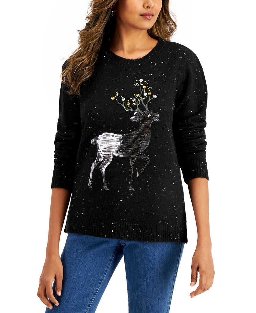 Karen Scott Women Cotton Embellished Reindeer Sweater Black Nep Combo