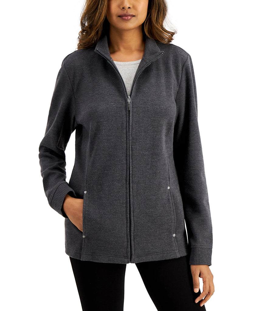 Karen Scott Women Mock Neck Jacket Charcoal Heather