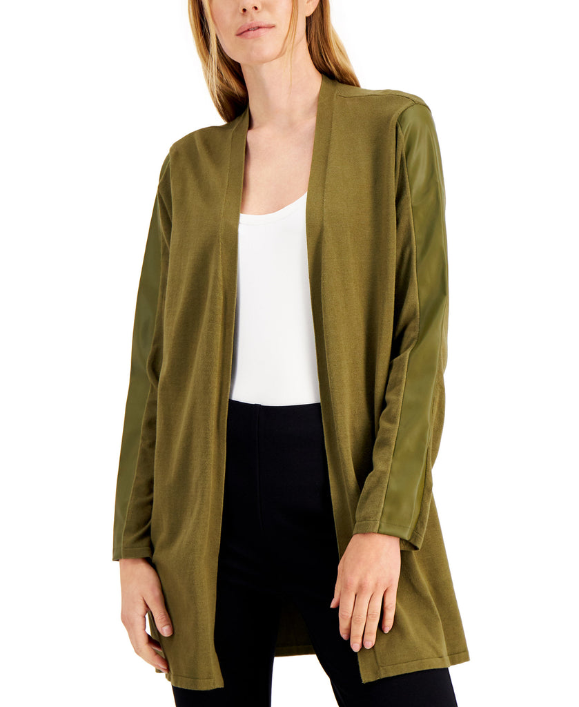 Alfani Women Faux Leather Trim Open Cardigan New Avocado