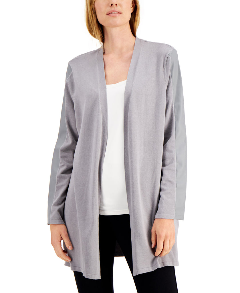 Alfani Women Faux Leather Trim Open Cardigan Greystone