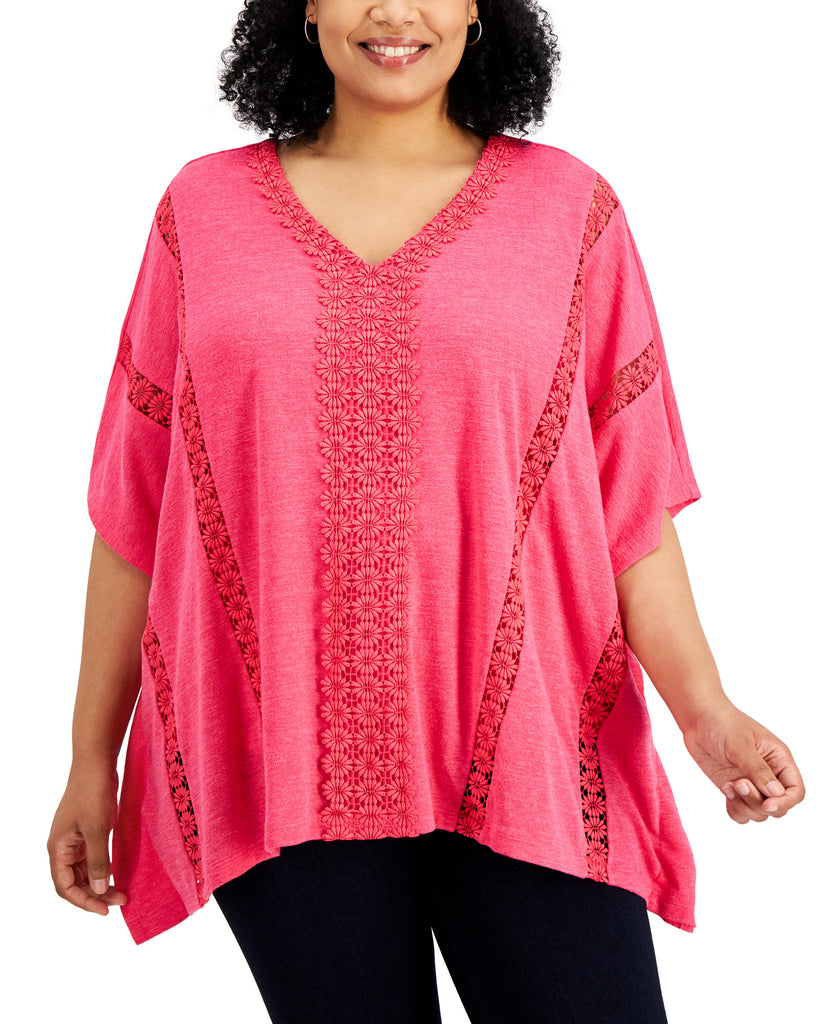 JM Collection Women Plus Crochet Trim Poncho Top Berry Sorbet