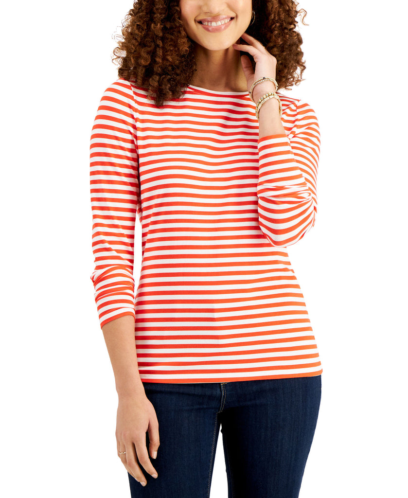 Style & Co Women Striped Long Sleeve T Shirt Red Stripe