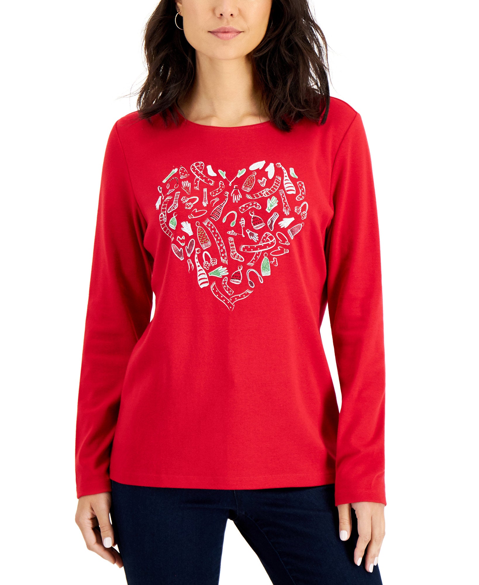 Karen Scott Women Petite Cotton Love Knit Graphic Print Top New Red Amore