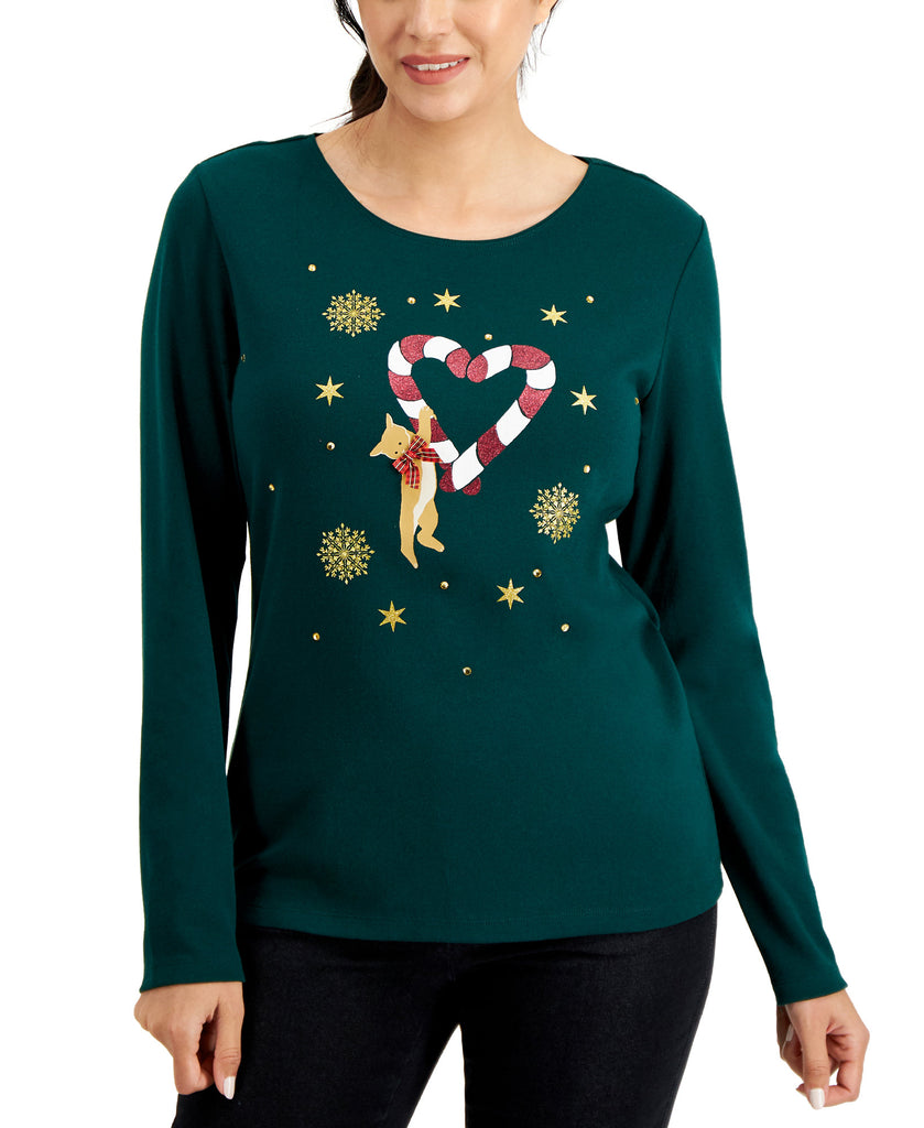 Karen Scott Women Holiday Cat Cotton Top Spruce Night