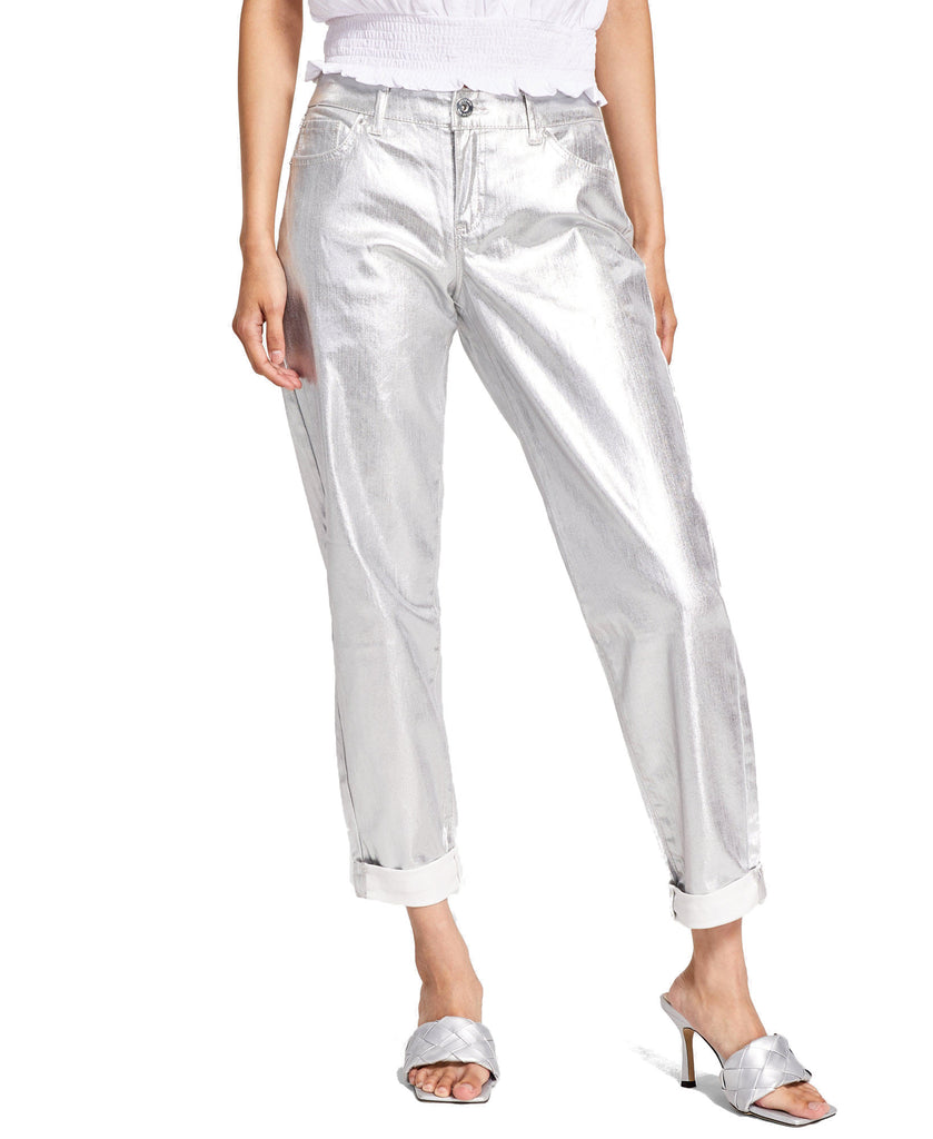 INC International Concepts Women Metallic Boyfriend Jeans Silver Metallic