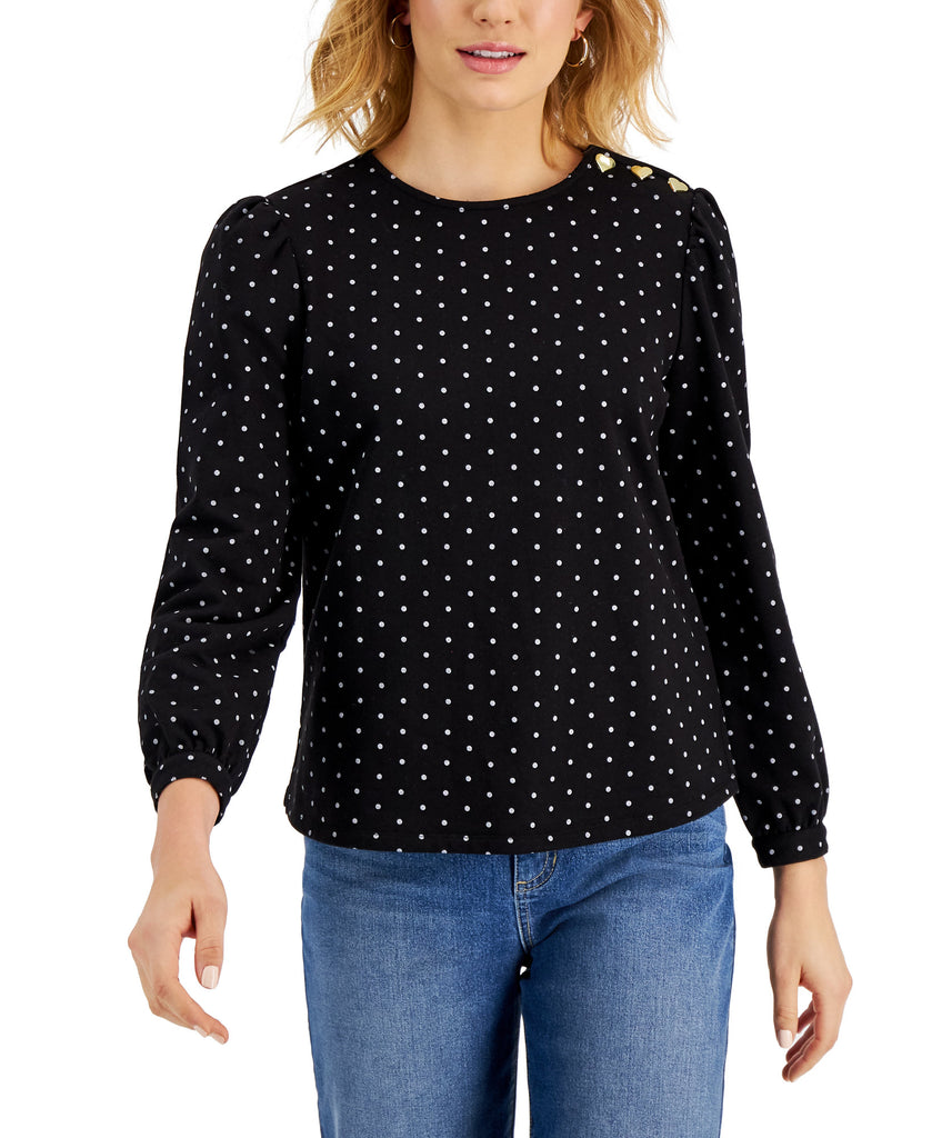 Charter Club Women Long Sleeve Illustrative Dot Top With Heart Buttons Deep Black Combo