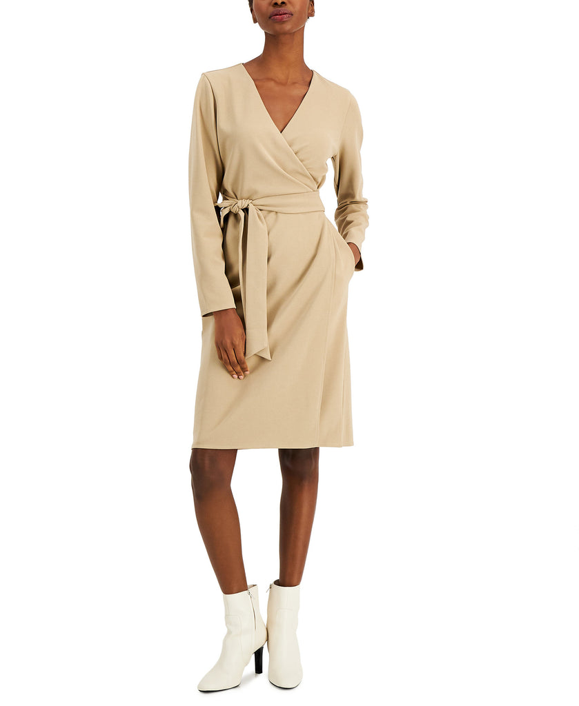 Alfani Women Petite Belted Wrap Dress Fresh Almond