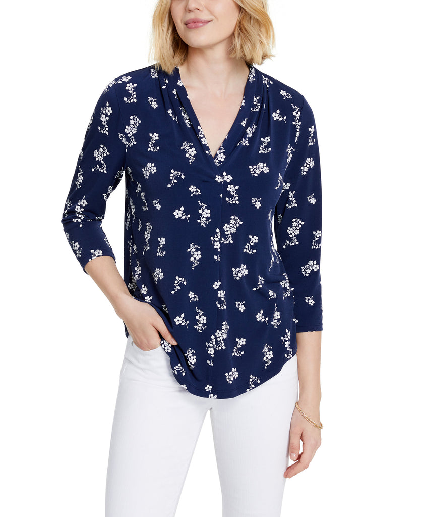 Charter Club Women Printed V Neck Top Intrepid Blue Combo