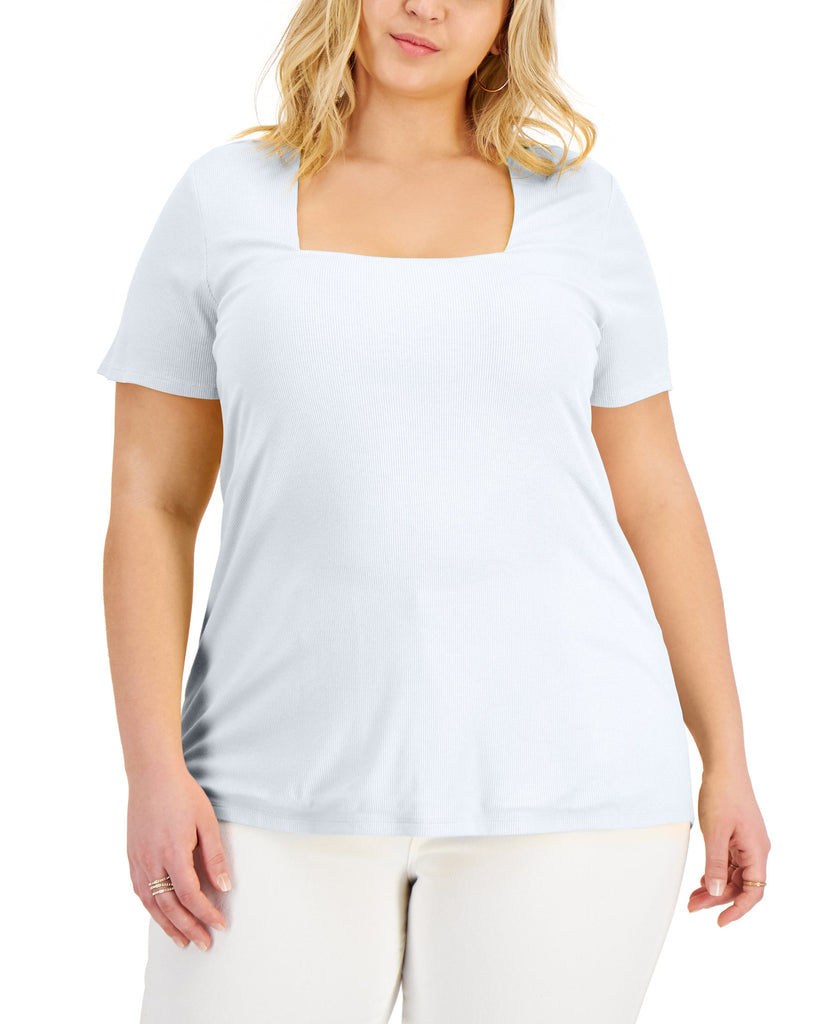 INC International Concepts Women Plus Square Neck Ribbed Top Bright White