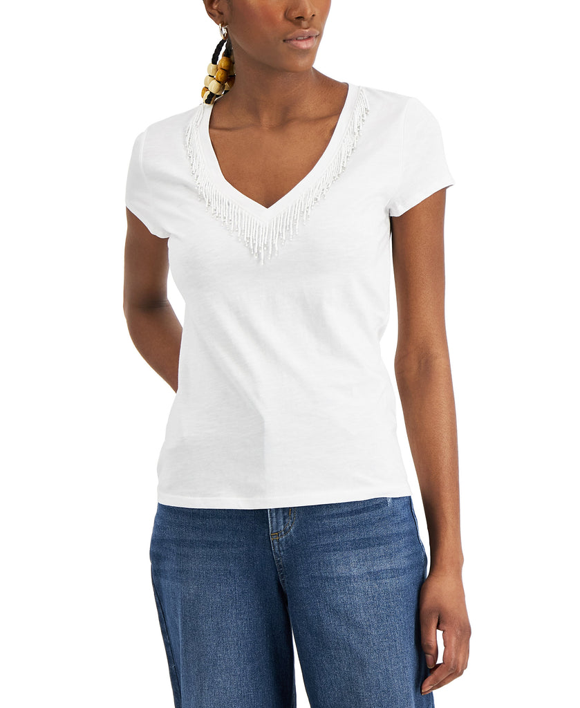 INC International Concepts Women Plus Beaded V Neck Top Bright White