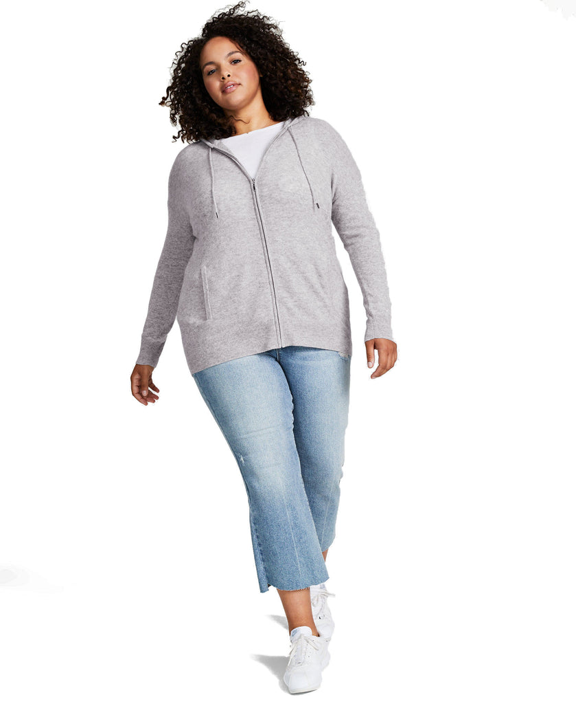 Charter Club Women Plus Petite Cashmere Zip Up Hoodie Ice Grey Heather