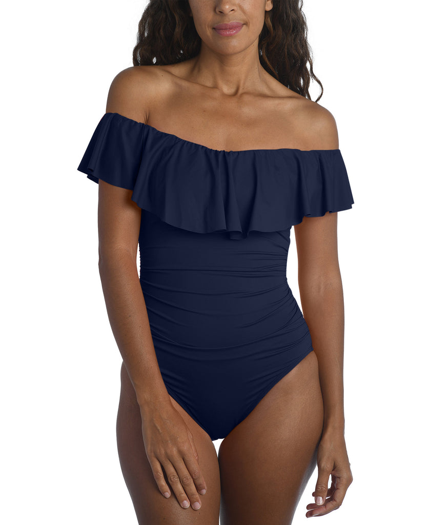 La Blanca Women Island Goddess Off The Shoulder Ruffled Tummy Control One Piece Swimsuit Indigo