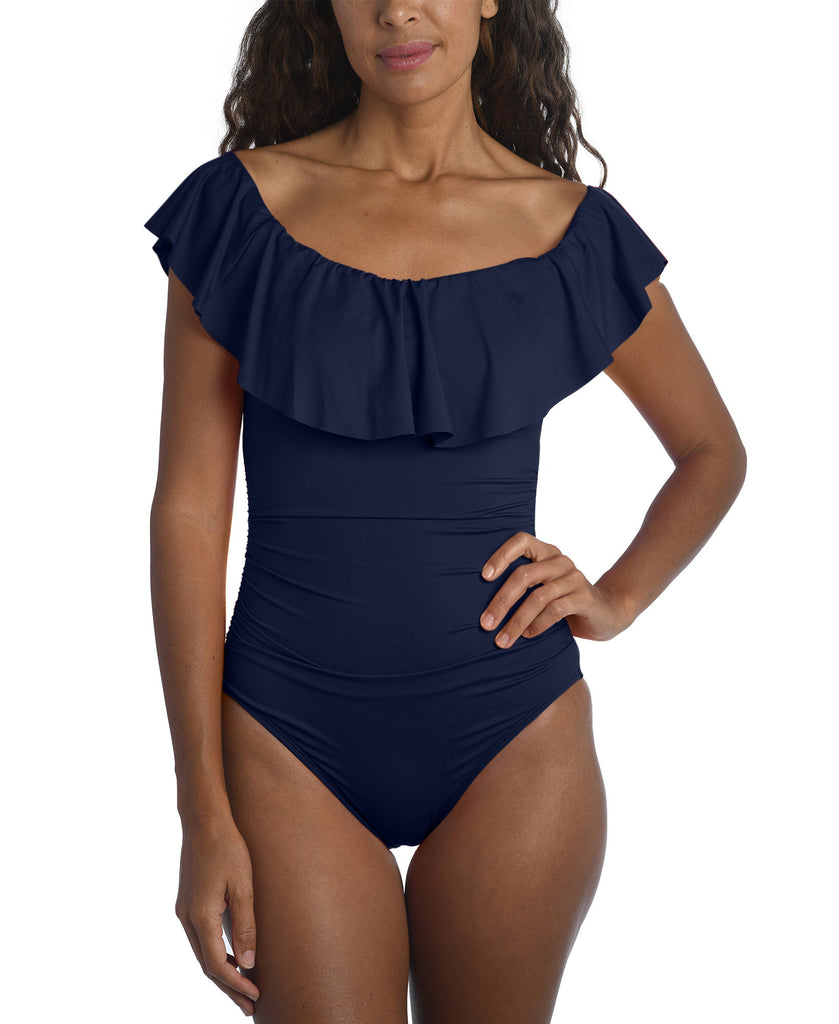 La Blanca Women Island Goddess Off The Shoulder Ruffled Tummy Control One Piece Swimsuit