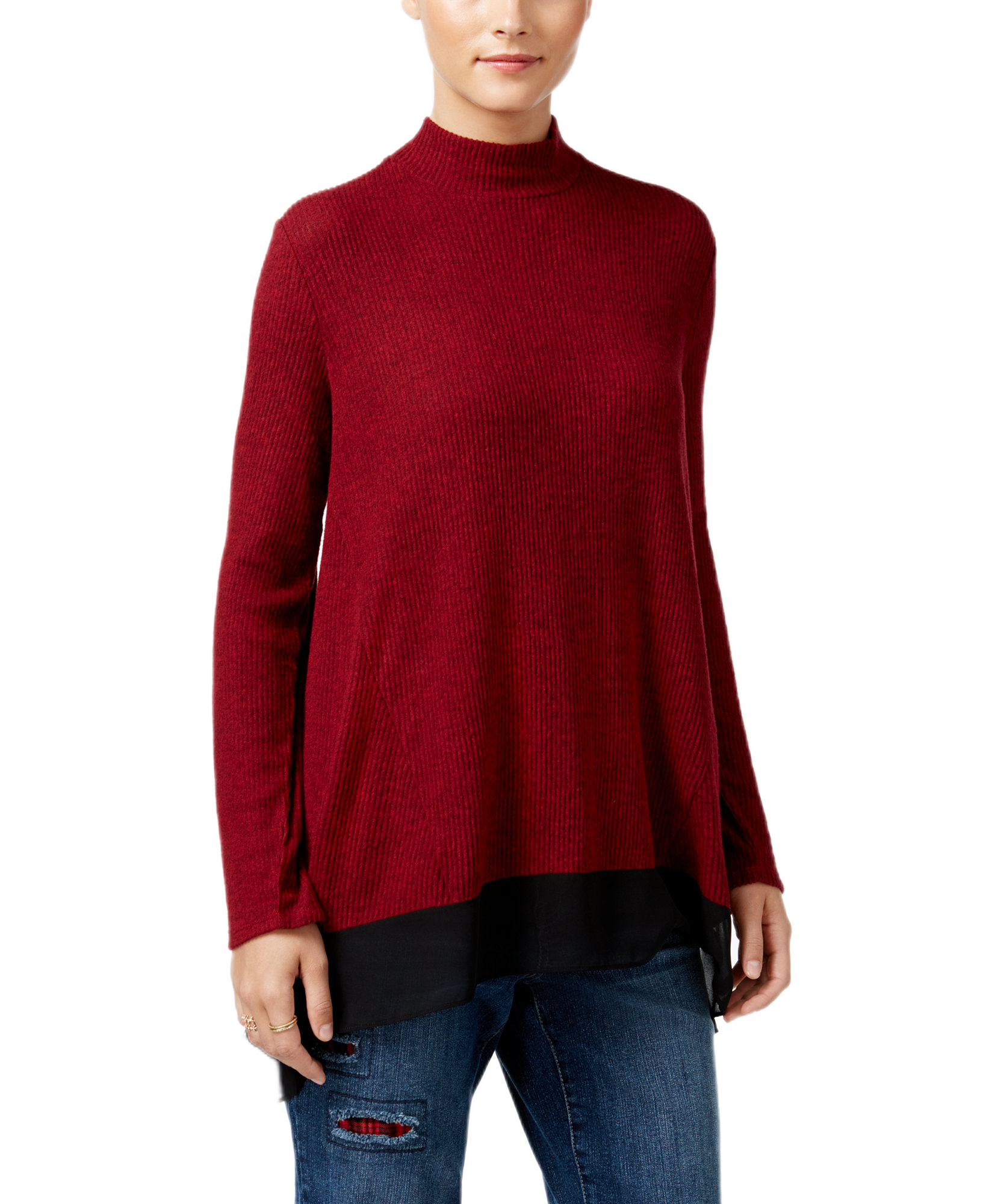Style & Co Women Mock Neck Chiffon Hem Top New Red Amore