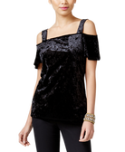 INC International Concepts Women Velvet Cold Shoulder Top Deep Black
