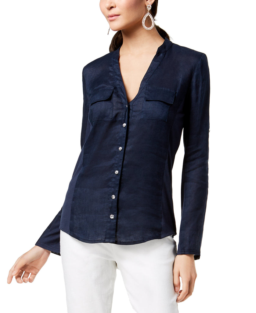 INC International Concepts Women Linen Blend Utility Shirt Deep Twilight