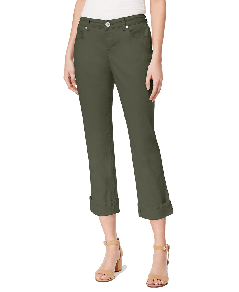 Style & Co Women Curvy Cuffed Capri Jeans Olive Sprig