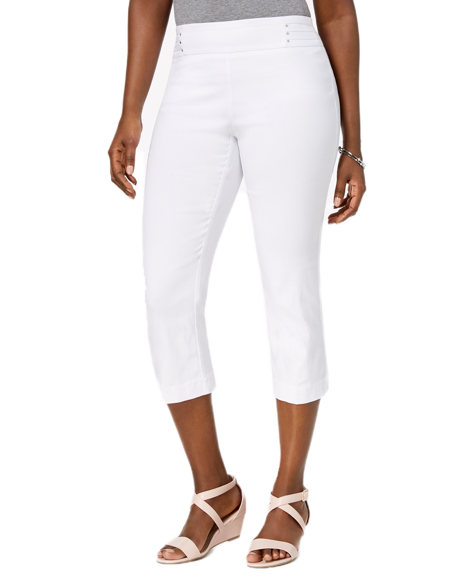 JM Collection Women Petite Rivet Detail Tummy Control Capri Pants Bright White