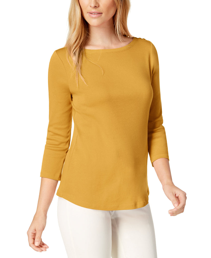 Charter Club Women Pima Cotton Boat Neck Button Shoulder Top Honey Glaze