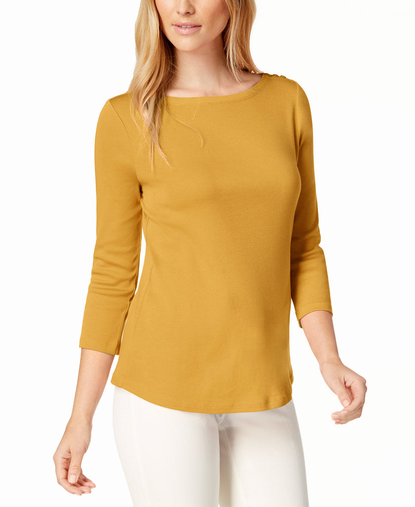 Charter Club Women Petite Pima Cotton Button Shoulder Top Honey Glaze