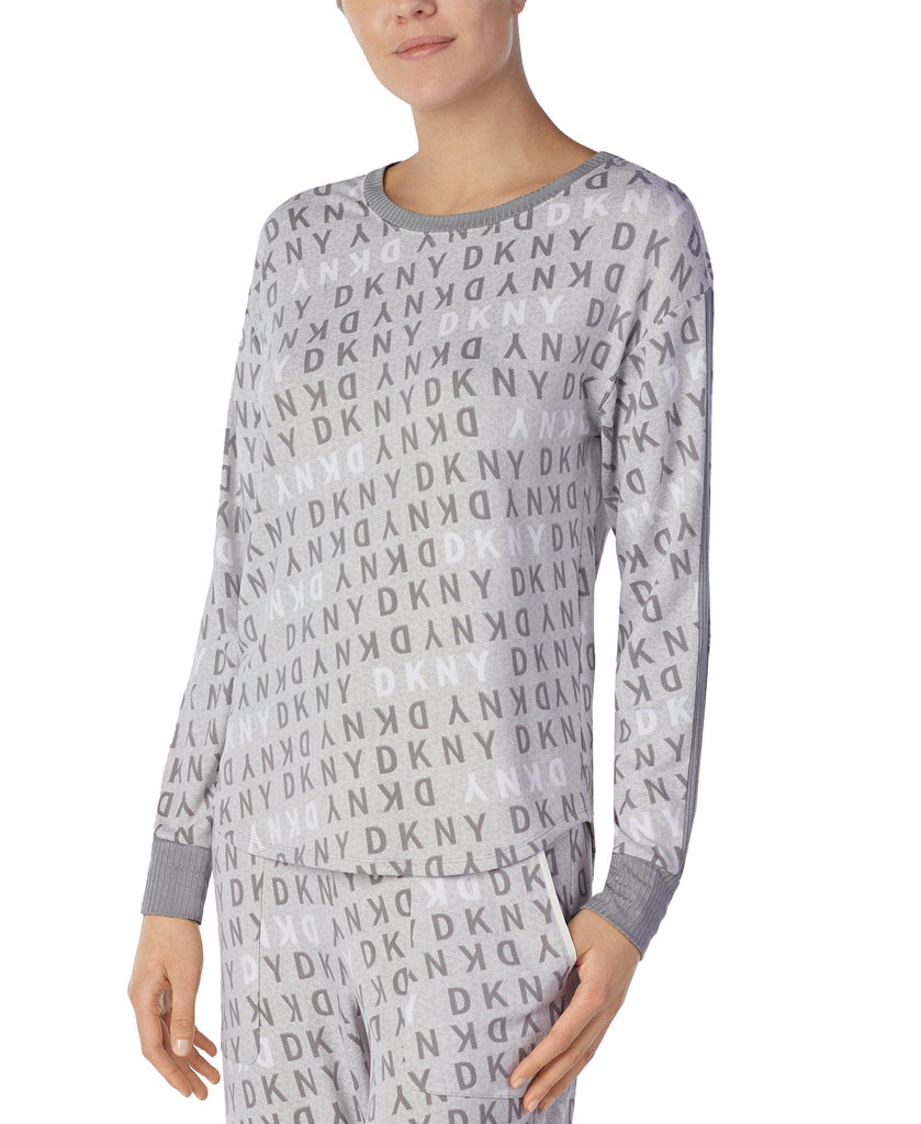 DKNY Women Logo Long Sleeve Knit Pajama Top Grey