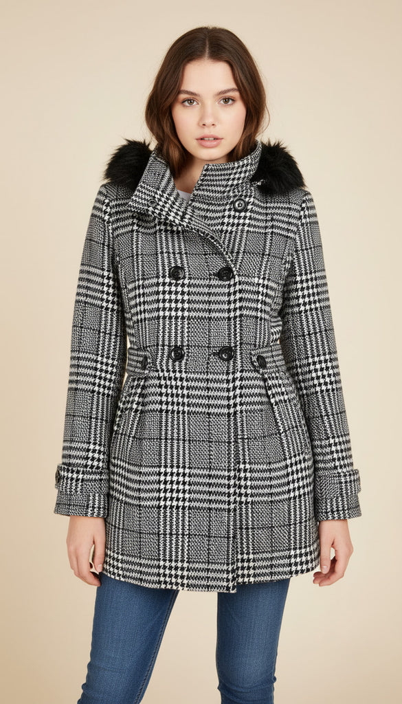 Teen wearing a checkered coat with fur collar on a beige background