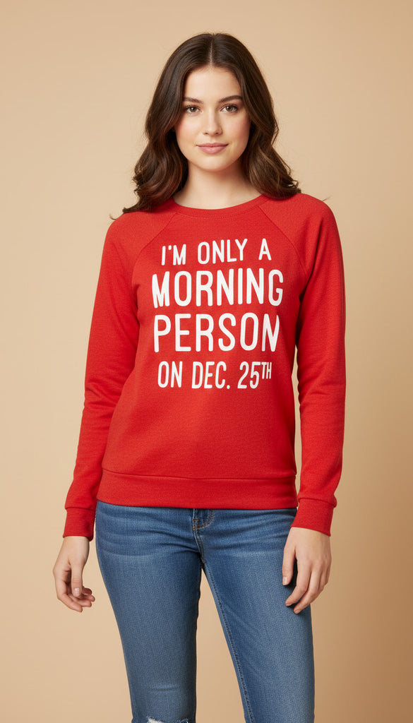 Person wearing a red sweatshirt with holiday text on a beige background