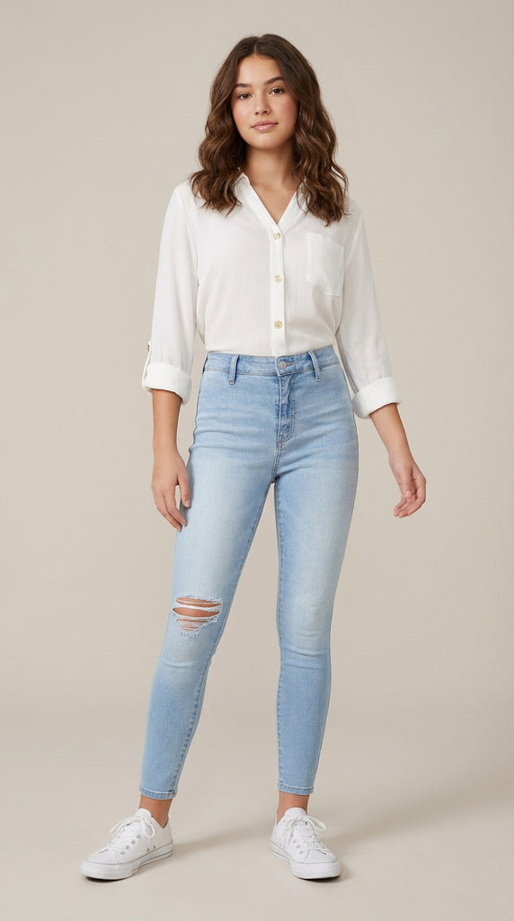 Woman wearing light blue jeans and a white shirt on a beige background