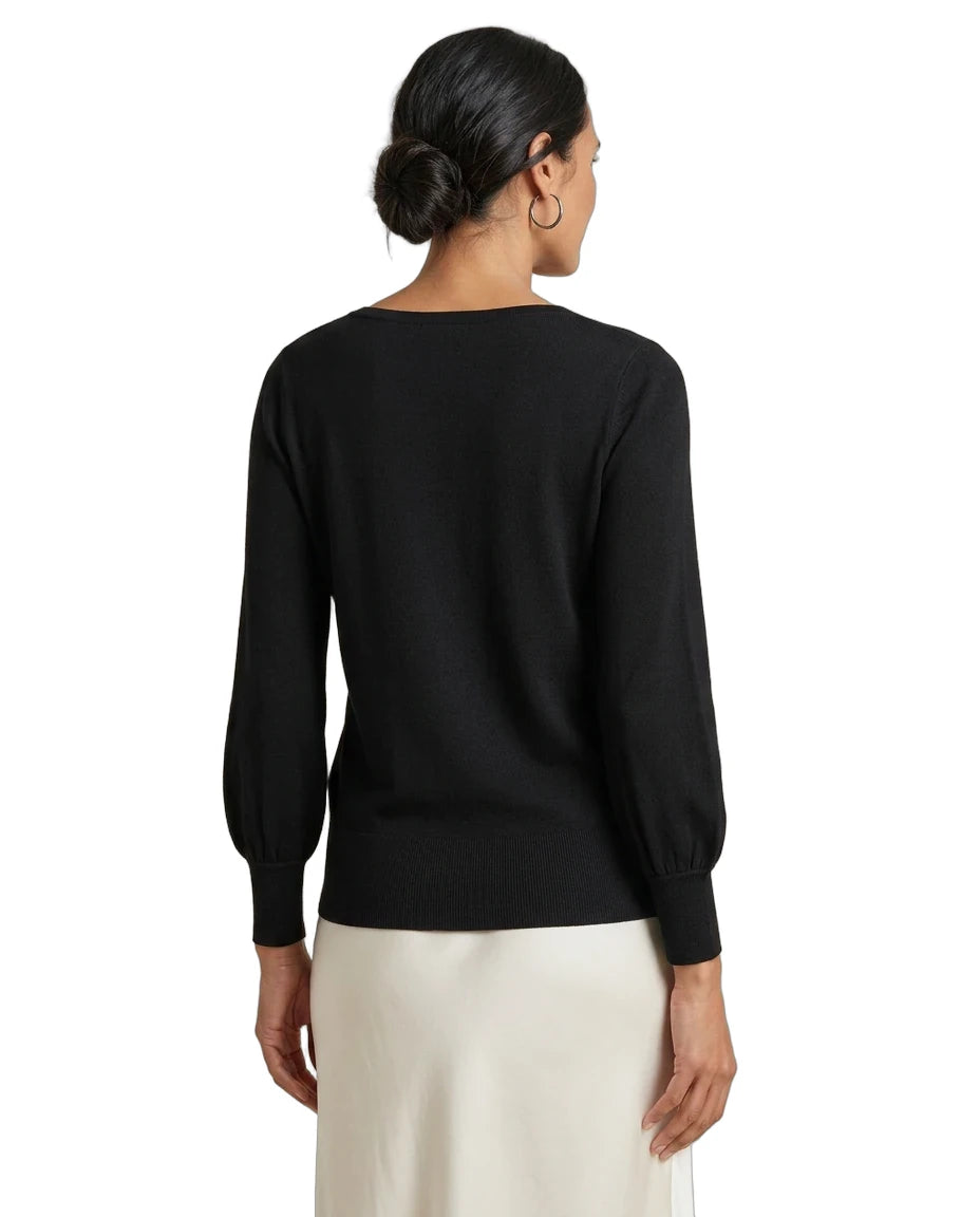 A woman shown from the back wearing a black long-sleeve knit top with balloon sleeves and a cream-colored skirt, against a plain white background.