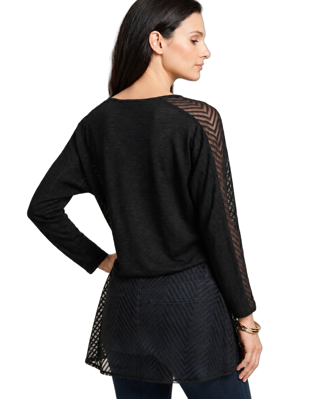 Black long-sleeve top with sheer mesh panels on a white background