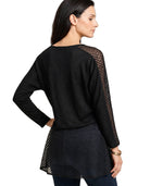 Black long-sleeve top with sheer mesh panels on a white background