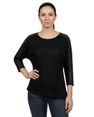Woman wearing a black mesh top with 3/4 sleeves on a white background