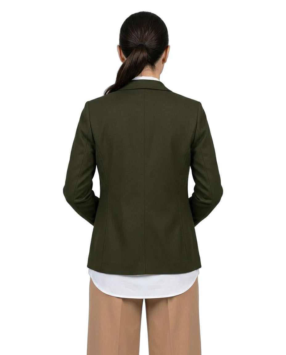 A woman shown from the back wearing an olive green blazer over a white shirt and tan pants, against a plain white background.