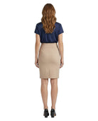 A woman shown from the back wearing a navy blue short-sleeve blouse and a beige knee-length pencil skirt, paired with black heels, against a plain white background.