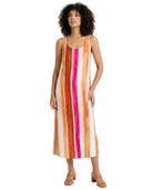 A woman modeling a sleeveless midi dress with vertical watercolor-style stripes in orange, pink, and cream on a white background.