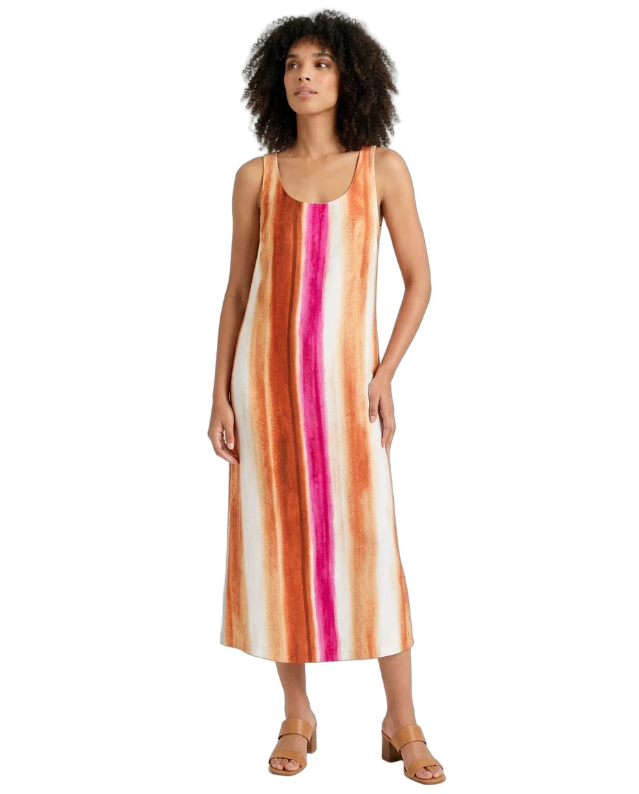 A woman modeling a sleeveless midi dress with vertical watercolor-style stripes in orange, pink, and cream on a white background.