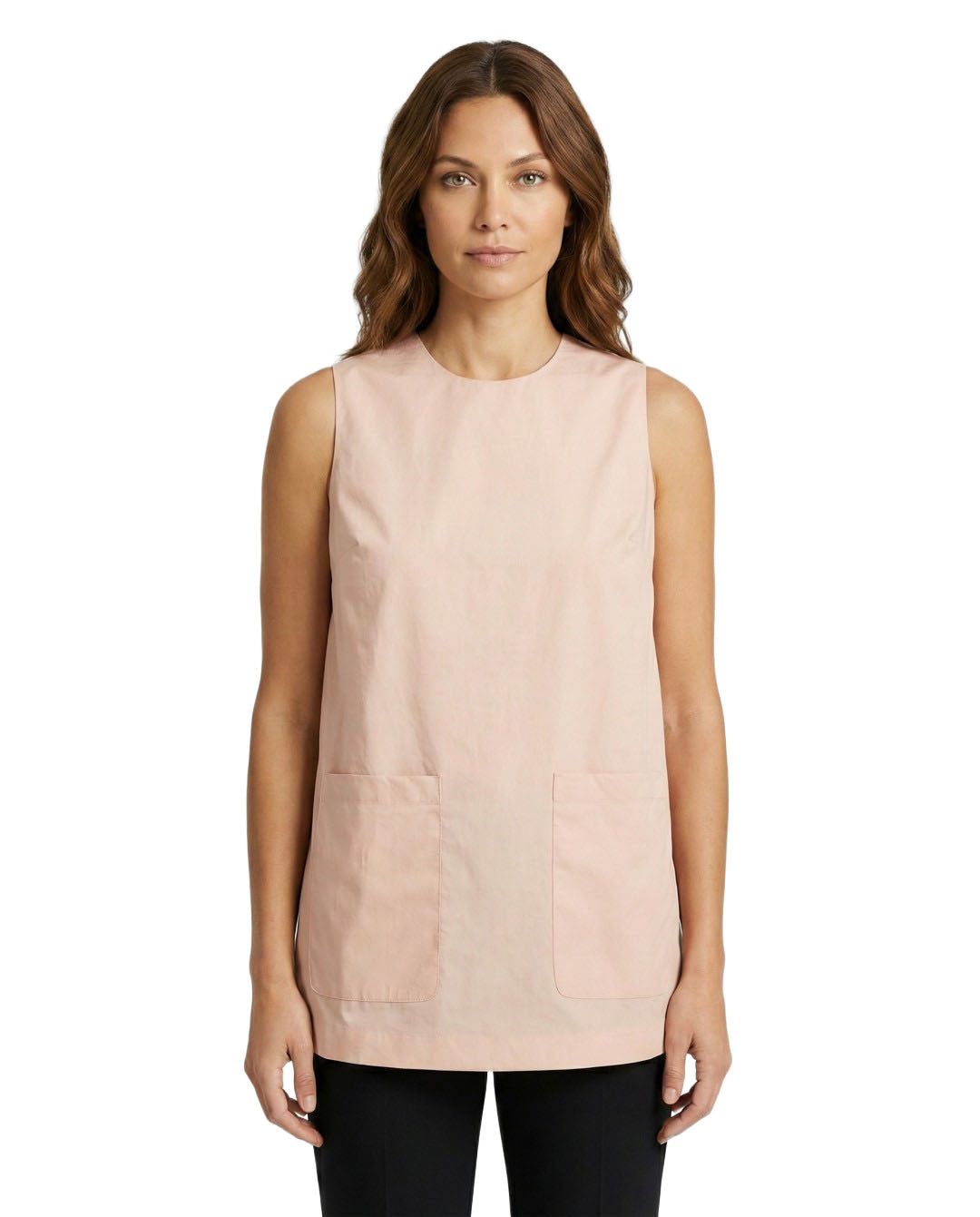Woman wearing a light pink sleeveless top on a white background