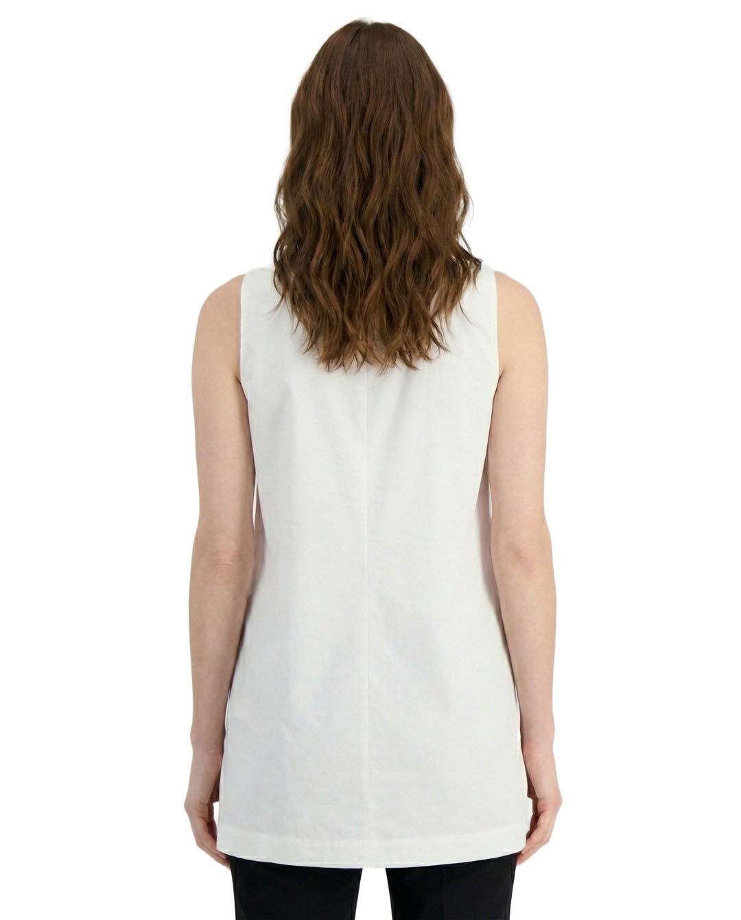 Woman wearing a white sleeveless top on a white background
