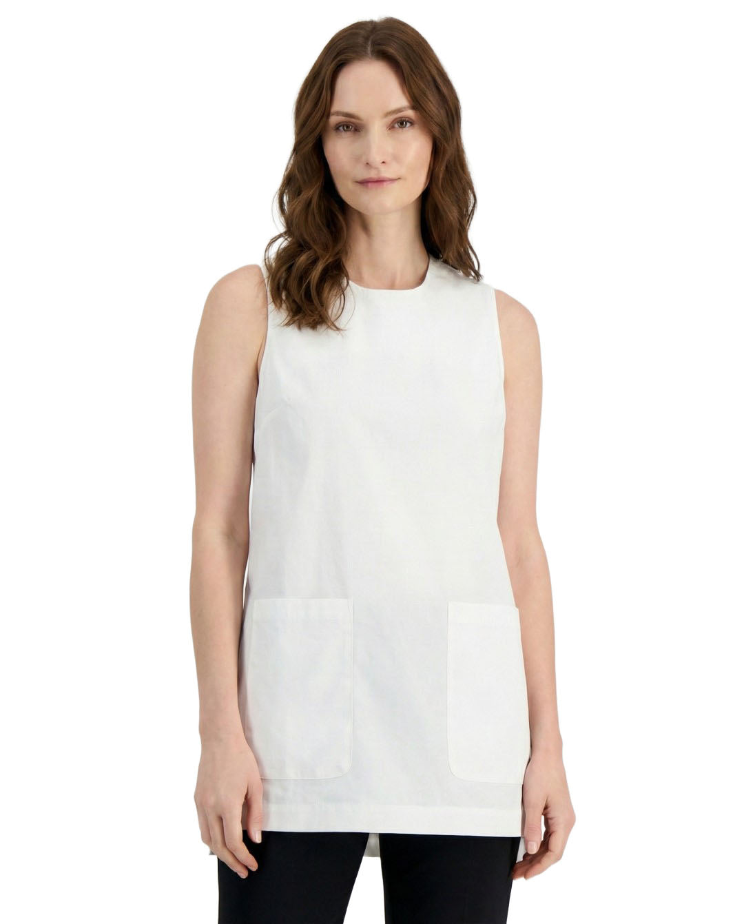 Woman wearing a white sleeveless top on a white background
