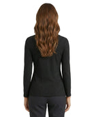 Person wearing a black ribbed long-sleeve top on a white background