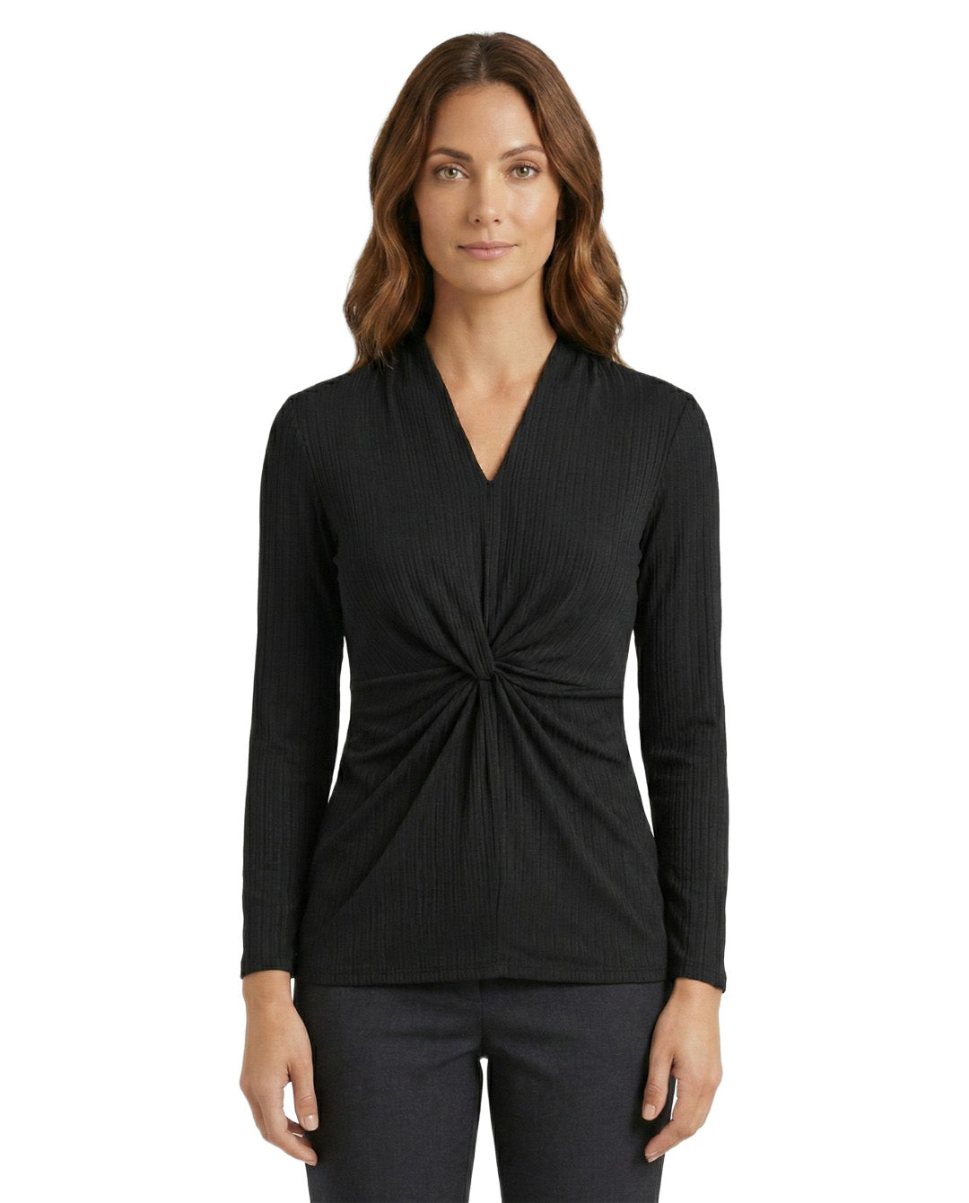 Woman wearing a black long-sleeve top with a knot detail on a white background