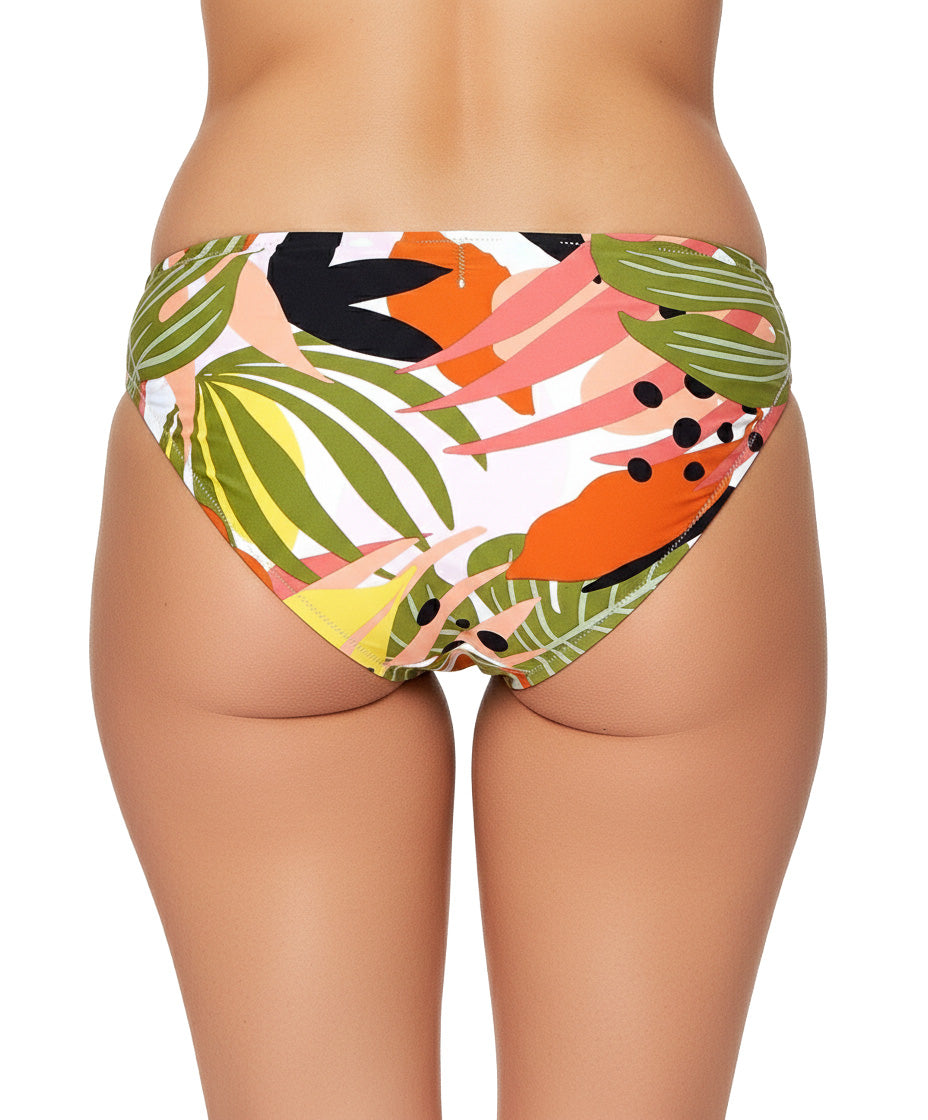 Colorful leaf-patterned bikini bottom on a white background