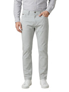 Person wearing light gray pants and a light gray shirt on a white background