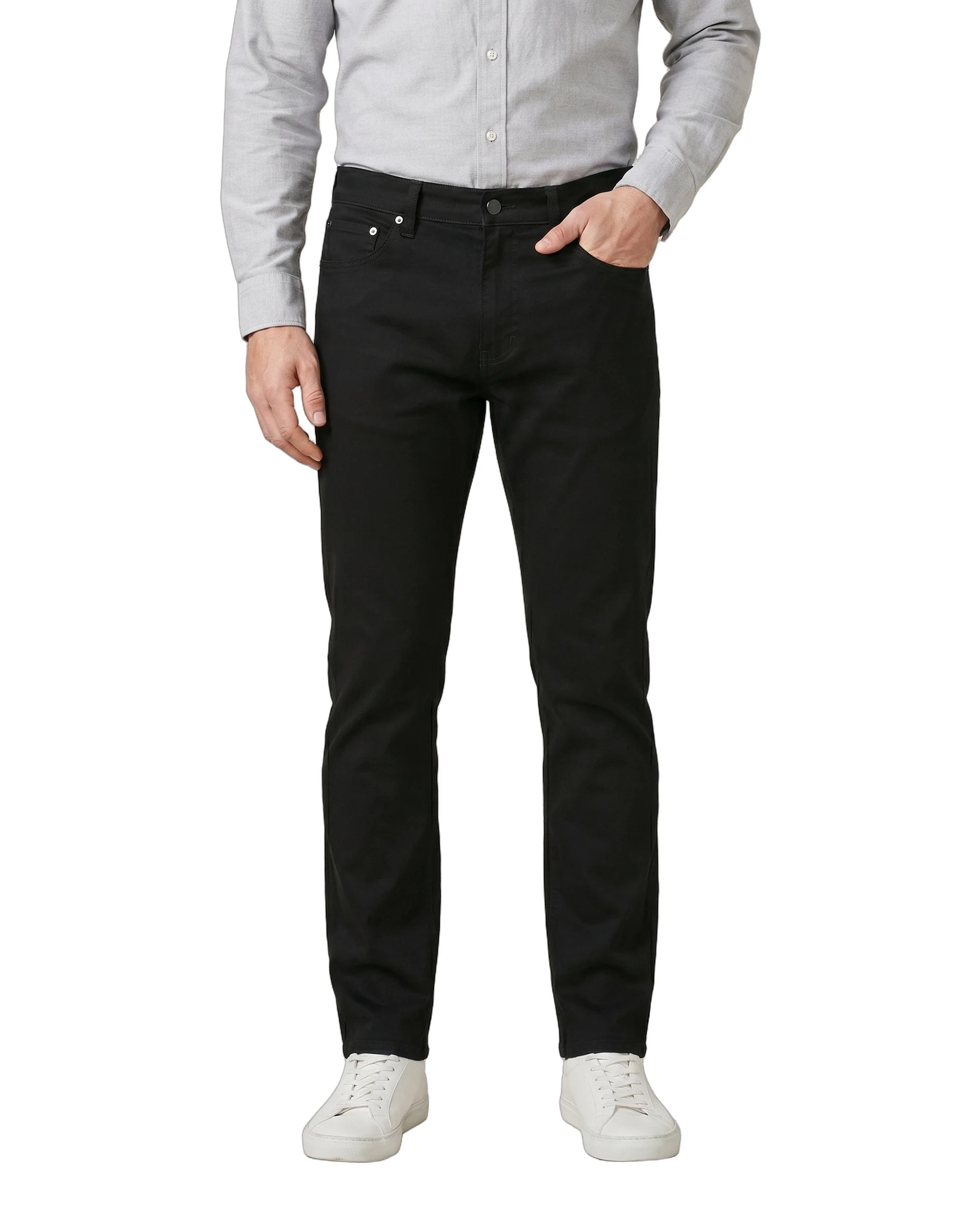 Person wearing black pants and a light gray shirt on a white background