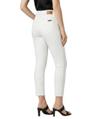 White pants worn by a person on a white background